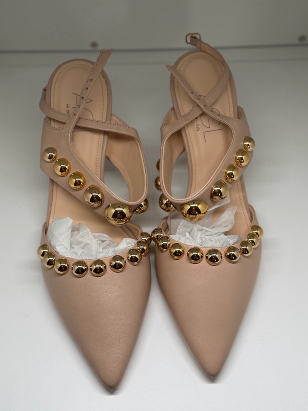 NWOT AGL Nude Pointed-Toe Flats with Gold Stud Detail Sz39